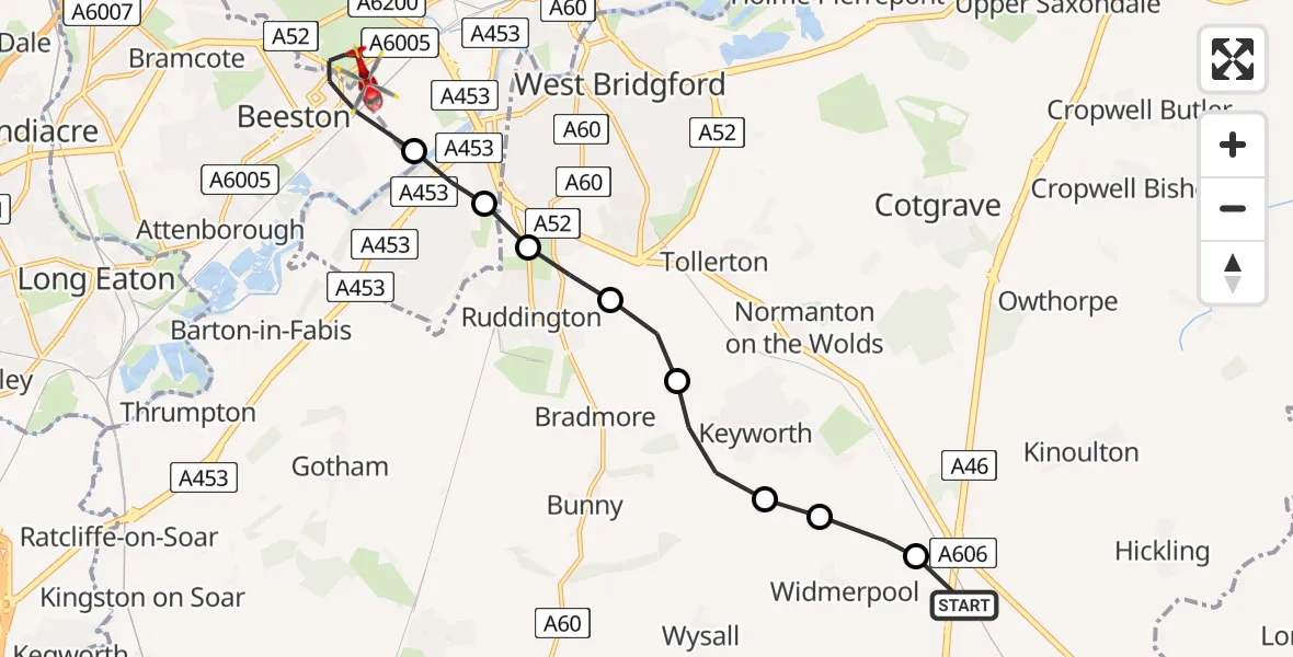 Flight route Air Ambulance Helicopter Rushcliffe - Beeston, 05 May 2026, 12:16