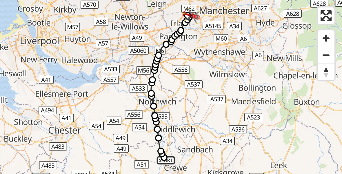 Flight route Air Ambulance Helicopter Bradfield Green - Eccles, 05 May 2026, 12:21