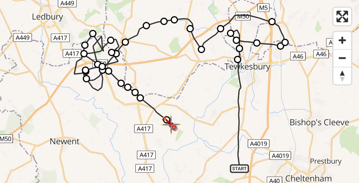Flight route Air Ambulance Helicopter Tewkesbury - Tewkesbury, 05 May 2026, 12:24
