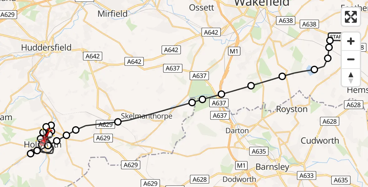 Flight route Air Ambulance Helicopter YAA Nostell Helicopter Port - Wooldale, 05 May 2026, 12:29