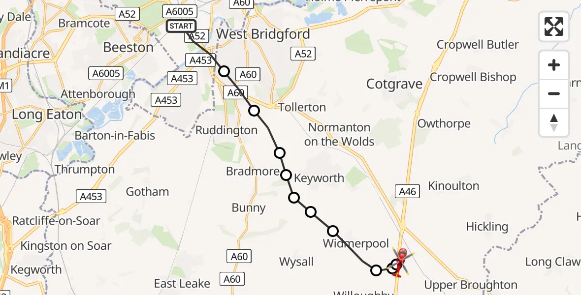Flight route Air Ambulance Helicopter City of Nottingham - Nottingham Heliport, 05 May 2026, 12:47