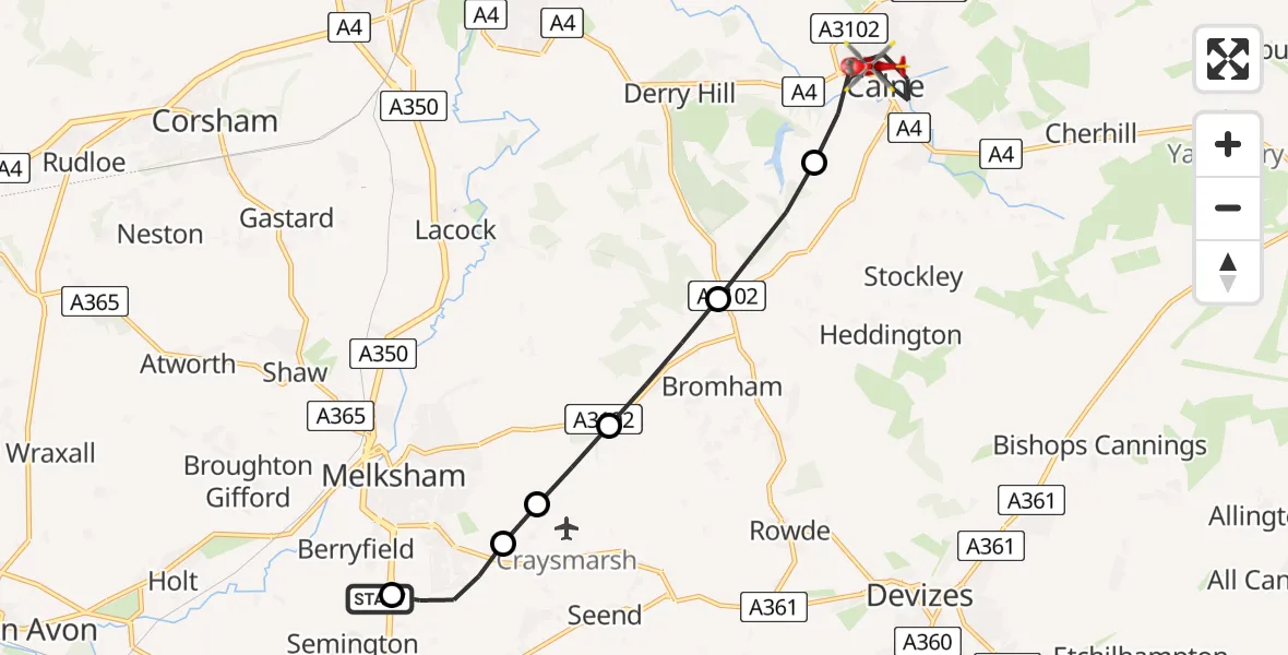 Flight route Air Ambulance Helicopter Wiltshire Air Ambulance - Calne, 05 May 2026, 12:50