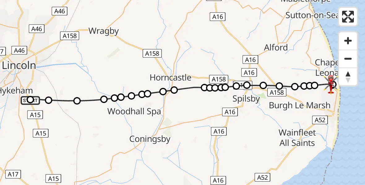 Flight route Air Ambulance Helicopter RAF Waddington - Ingoldmells, 05 May 2026, 12:52