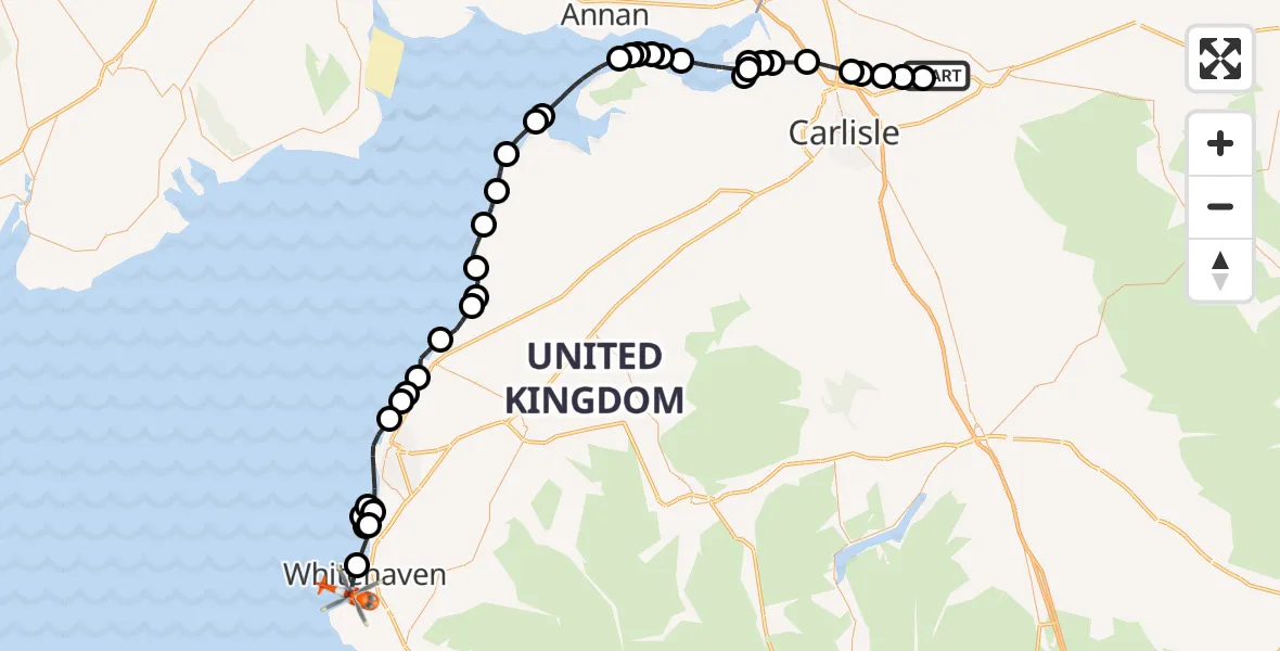 Flight route Coastguard Helicopter Carlisle Lake District Airport - Whitehaven, 05 May 2026, 12:52