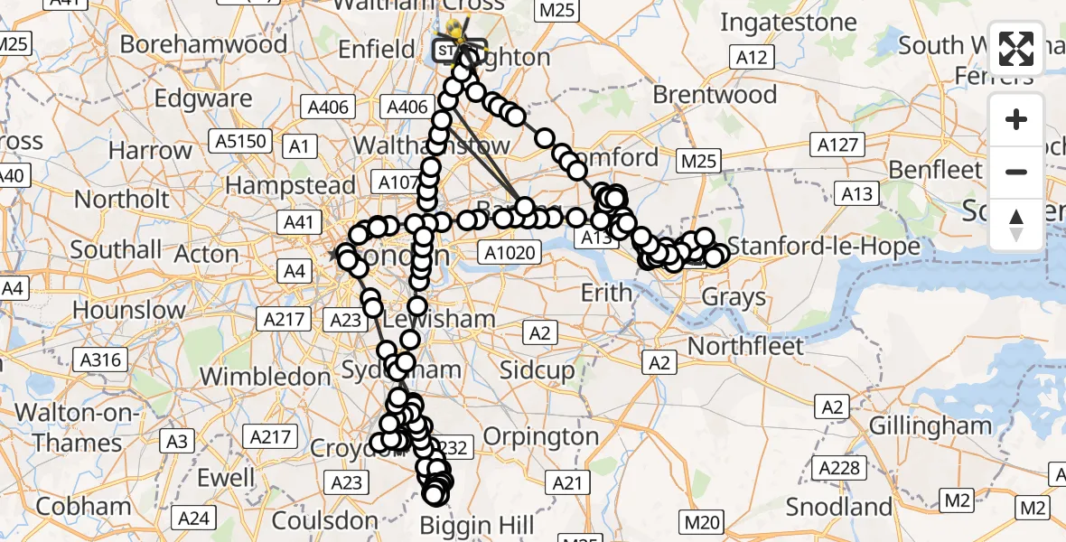 Flight route Police Helicopter Metropolitan Police Air Support Unit Lippitts Hill - Metropolitan Police Air Support Unit Lippitts Hill, 05 May 2026, 12:58