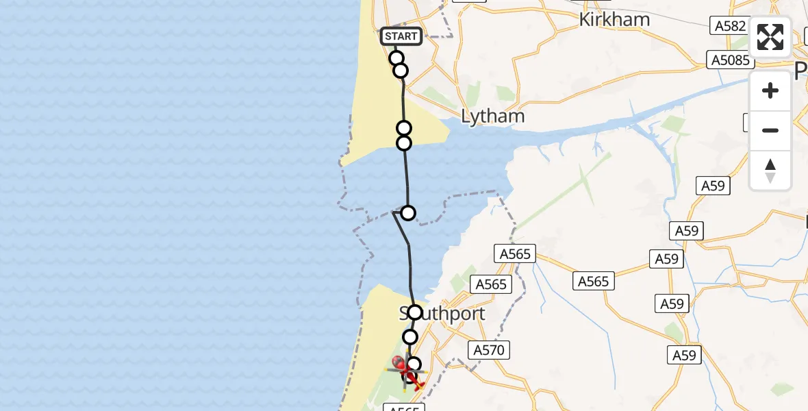 Flight route Air Ambulance Helicopter Blackpool Airport - Southport, 05 May 2026, 12:59