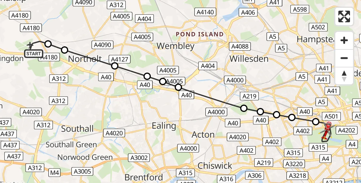 Flight route Air Ambulance Helicopter RAF Northolt - City of Westminster, 05 May 2026, 13:03
