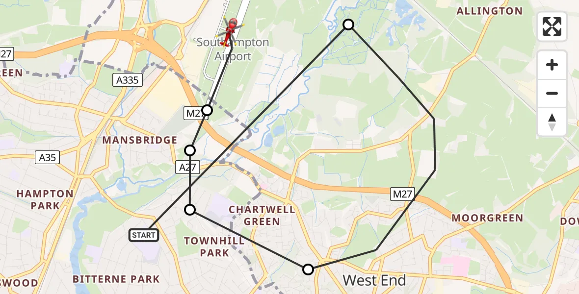 Flight route Air Ambulance Helicopter Bitterne Park - Southampton Airport, 05 May 2026, 13:07