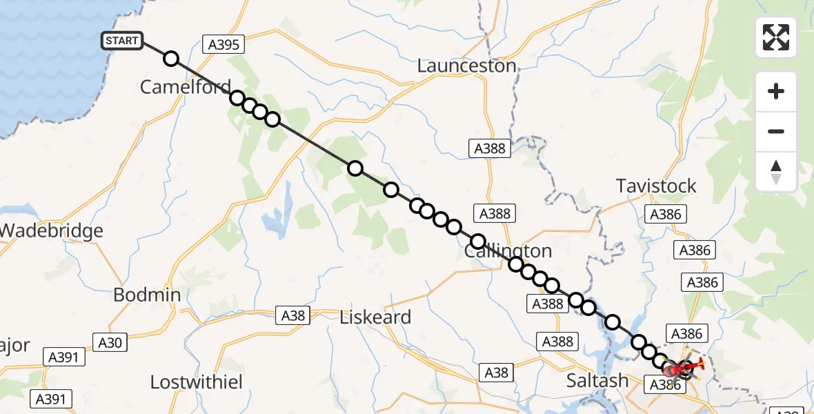 Flight route Air Ambulance Helicopter Treknow - Derriford Hospital, 05 May 2026, 13:09