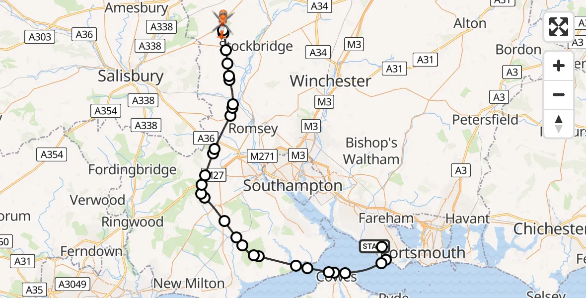 Flight route Coastguard Helicopter Solent Airport - Middle Wallop Airfield, 05 May 2026, 13:18