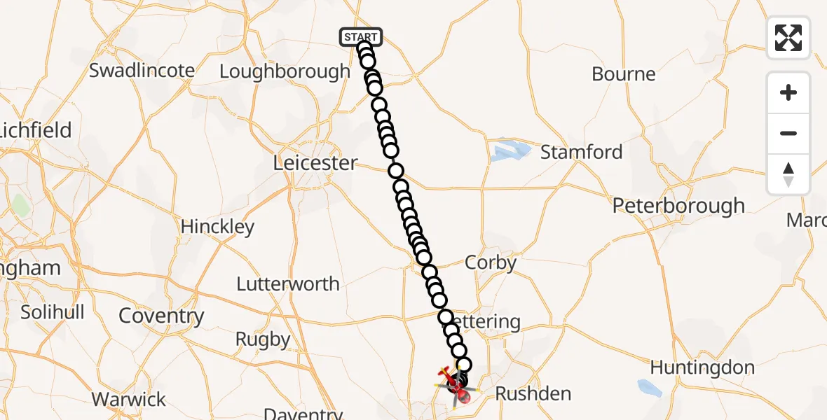 Flight route Air Ambulance Helicopter Rushcliffe - Sywell Aerodrome, 05 May 2026, 13:25