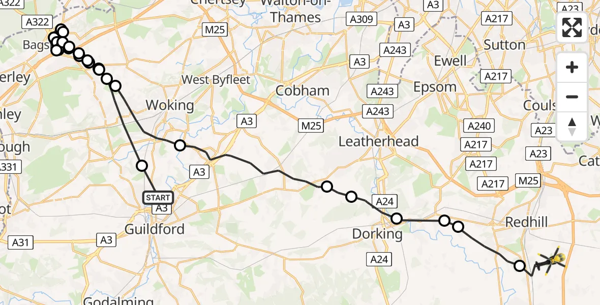 Flight route Police Helicopter Guildford - Redhill Aerodrome, 05 May 2026, 13:25