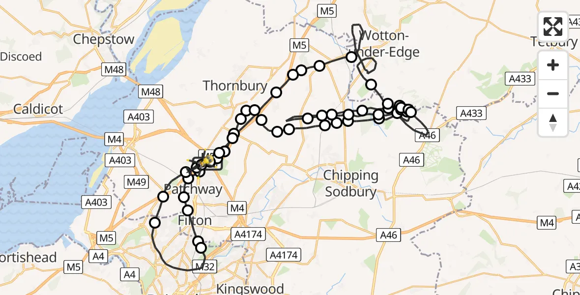 Flight route Police Helicopter Almondsbury Helicopter Base - Almondsbury Helicopter Base, 05 May 2026, 13:31