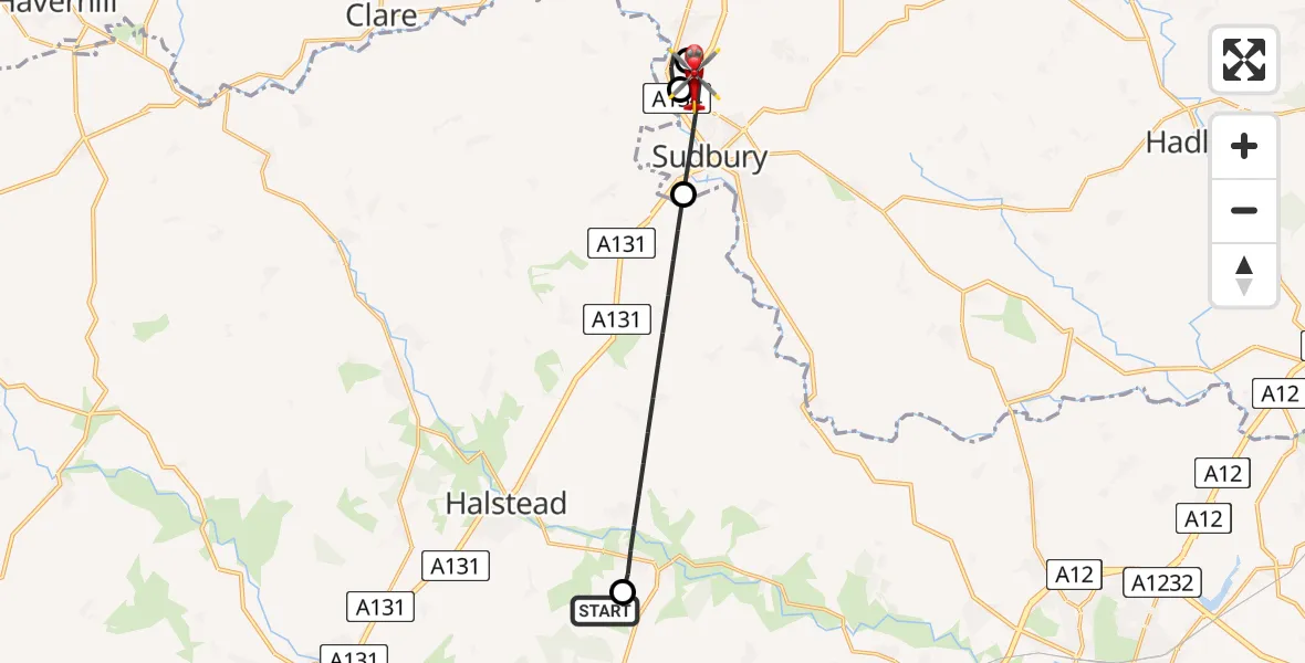 Flight route Air Ambulance Helicopter Earls Colne Airfield - Sudbury, 05 May 2026, 13:37
