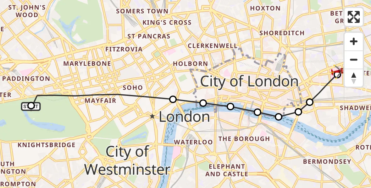 Flight route Air Ambulance Helicopter City of Westminster - Royal London Hospital, 05 May 2026, 13:38