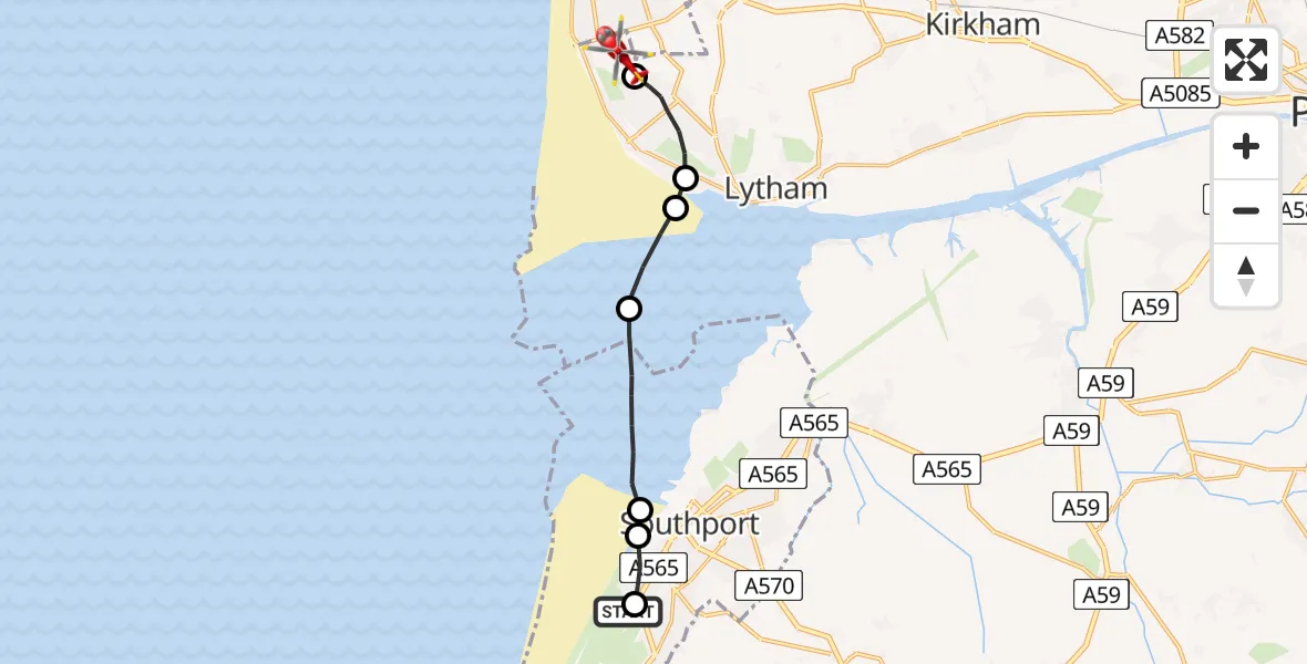 Flight route Air Ambulance Helicopter Southport - Blackpool Airport, 05 May 2026, 13:41