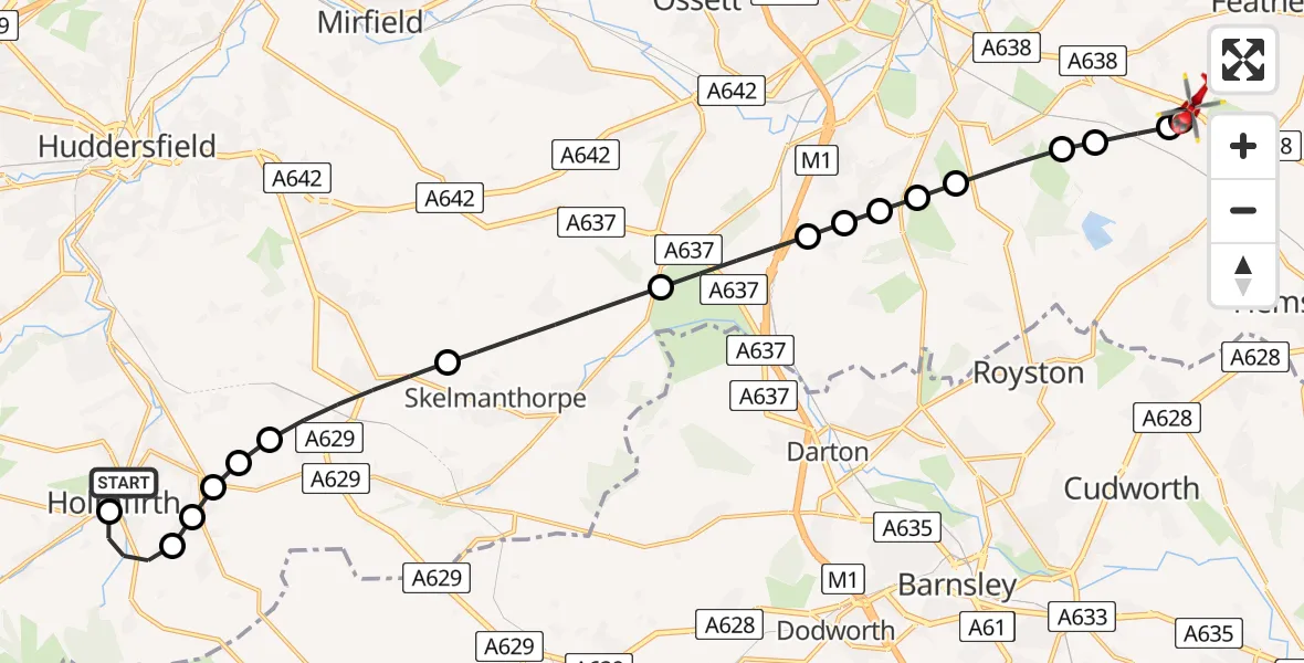 Flight route Air Ambulance Helicopter Holmfirth - YAA Nostell Helicopter Port, 05 May 2026, 13:43