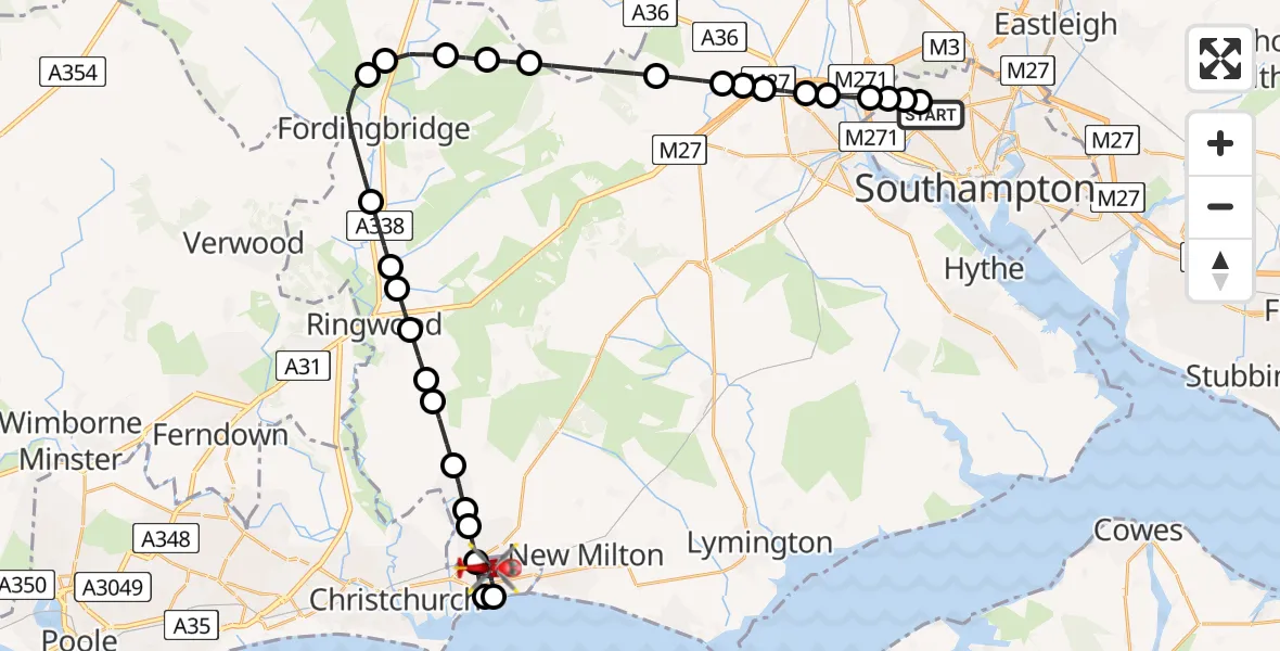 Flight route Air Ambulance Helicopter University Hospital Southampton - Highcliffe-on-Sea, 05 May 2026, 13:43