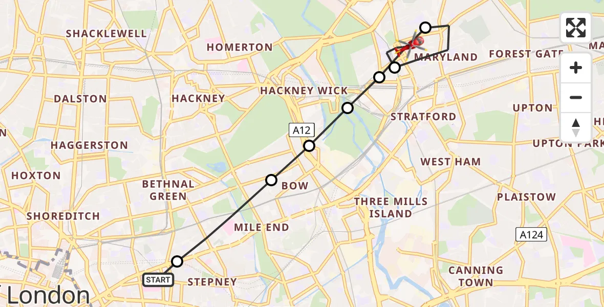 Flight route Air Ambulance Helicopter Royal London Hospital - Stratford, 05 May 2026, 13:57