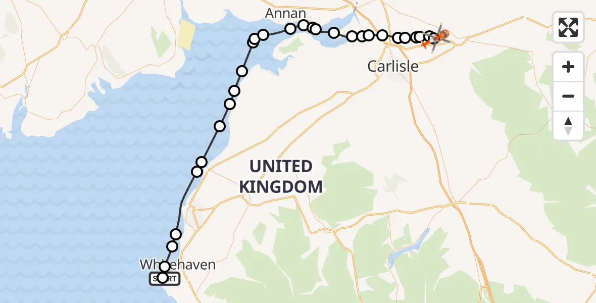 Flight route Coastguard Helicopter Sandwith - Carlisle Lake District Airport, 05 May 2026, 13:58