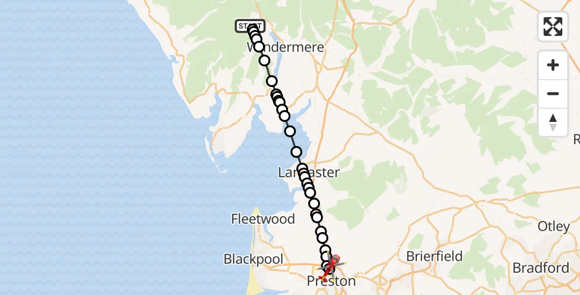 Flight route Air Ambulance Helicopter Chapel Stile - Royal Preston, 05 May 2026, 14:09