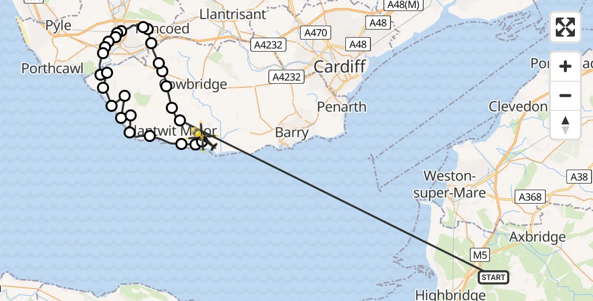 Flight route Police Helicopter Rooksbridge - MOD St Athan, 05 May 2026, 14:09