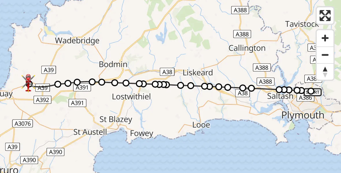 Flight route Air Ambulance Helicopter Derriford Hospital - Cornwall Airport Newquay, 05 May 2026, 14:19