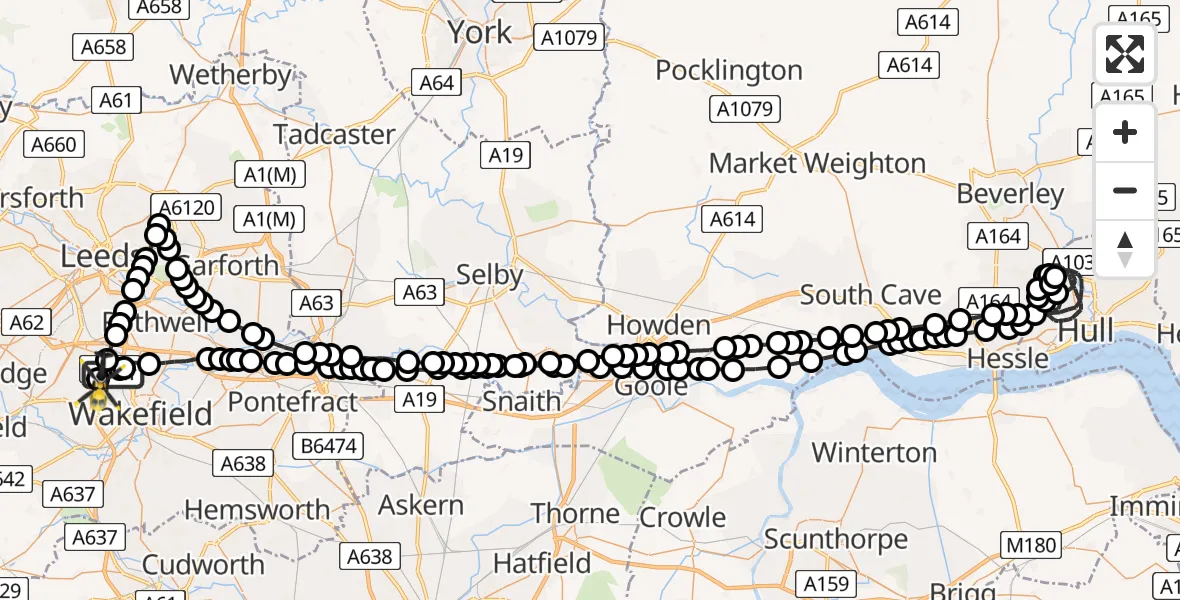 Flight route Police Helicopter Carr Gate - Wrenthorpe, 05 May 2026, 14:24