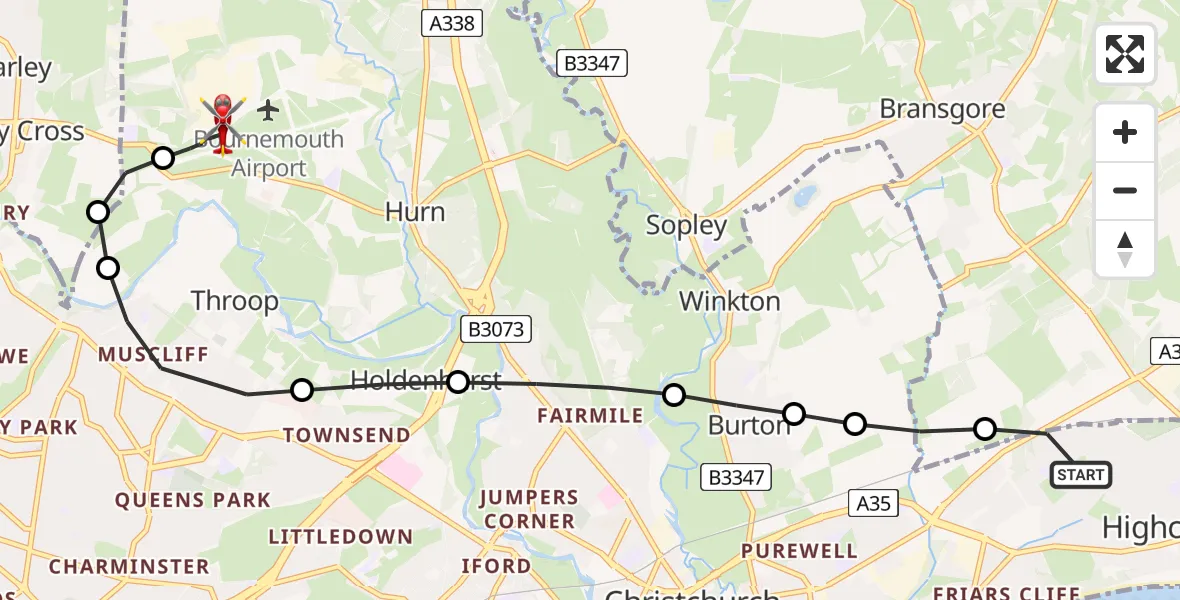 Flight route Air Ambulance Helicopter Highcliffe-on-Sea - Bournemouth Airport, 05 May 2026, 14:29