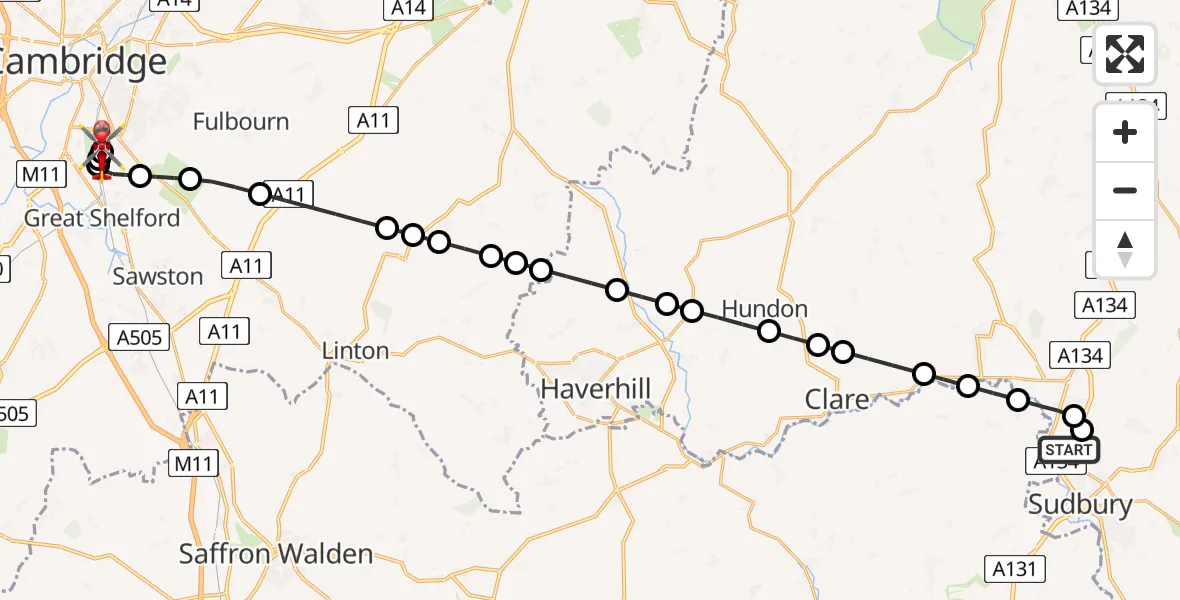 Flight route Air Ambulance Helicopter Sudbury - Papworth Hospital, 05 May 2026, 14:29