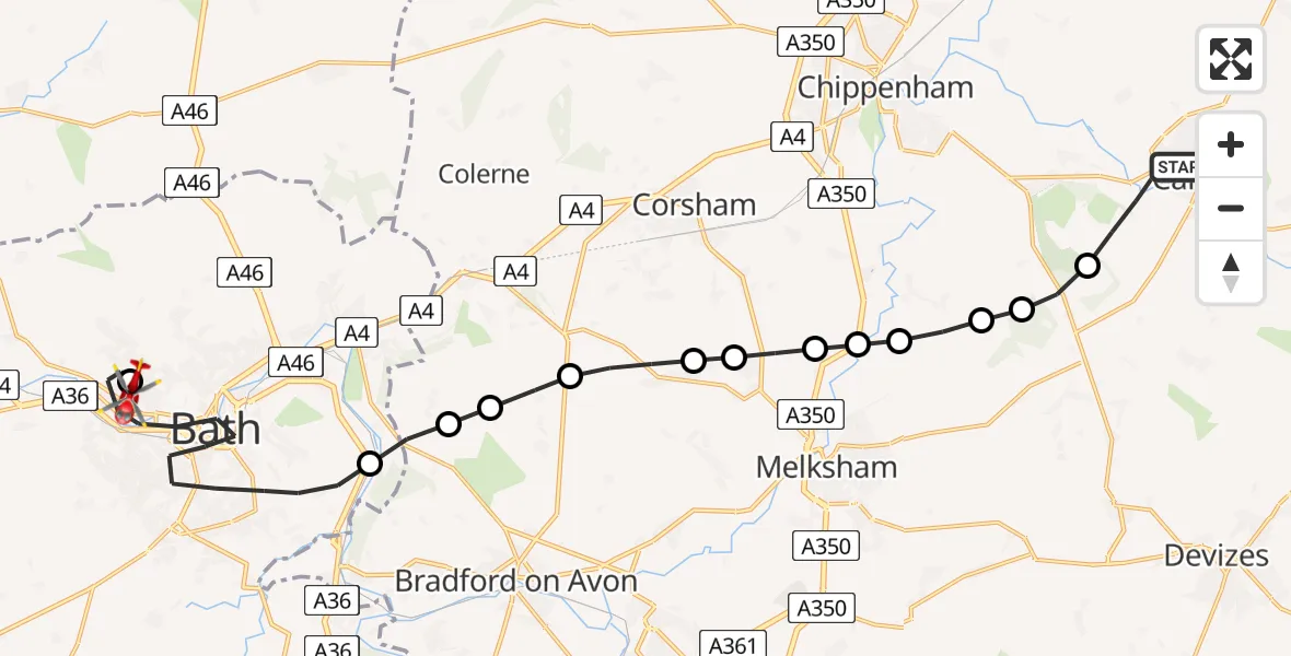 Flight route Air Ambulance Helicopter Calne - Royal United Hospital Bath, 05 May 2026, 14:30