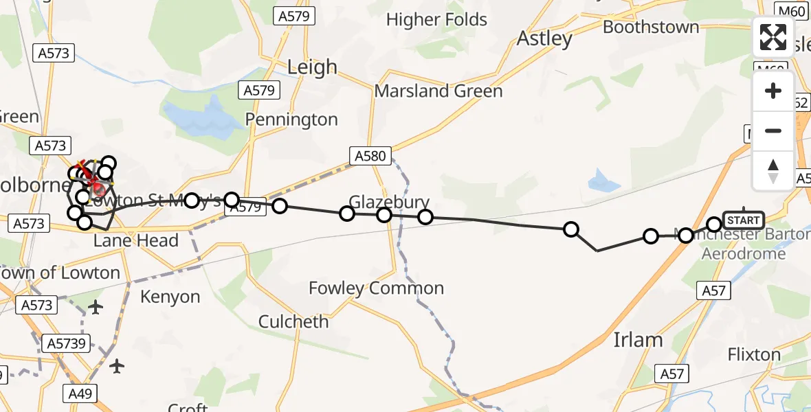 Flight route Air Ambulance Helicopter Manchester Barton Aerodrome - Wigan, 05 May 2026, 14:43