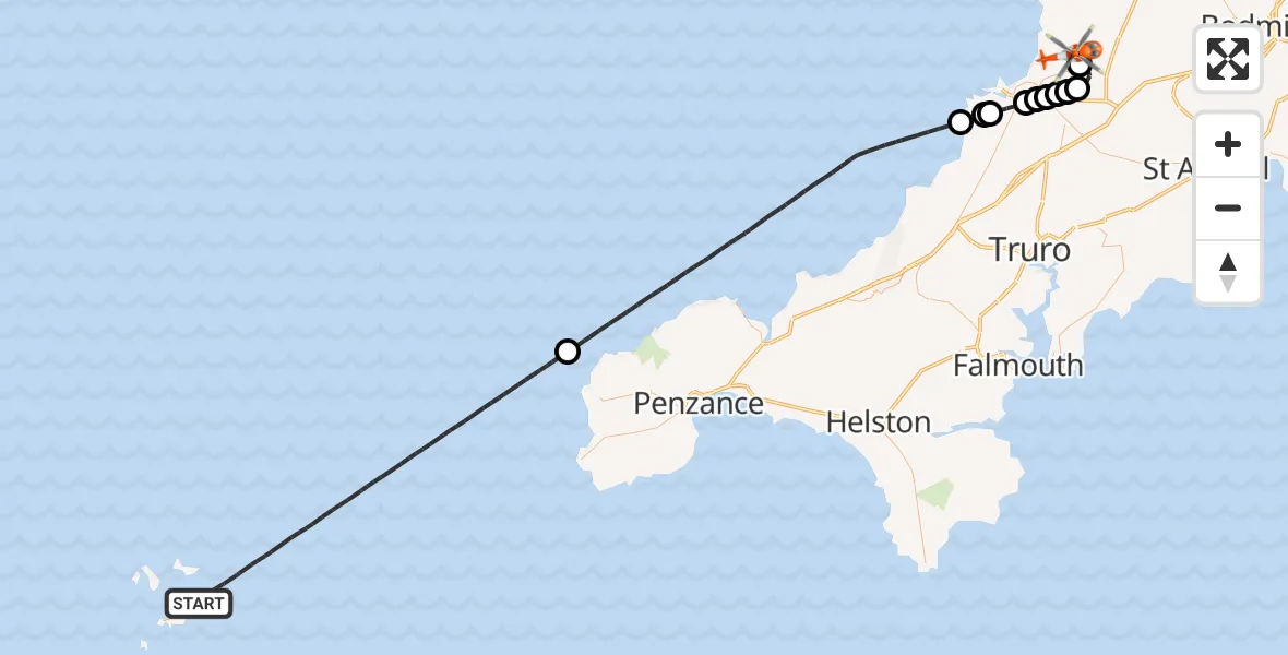 Flight route Coastguard Helicopter North Atlantic Ocean - Cornwall Airport Newquay, 05 May 2026, 14:47