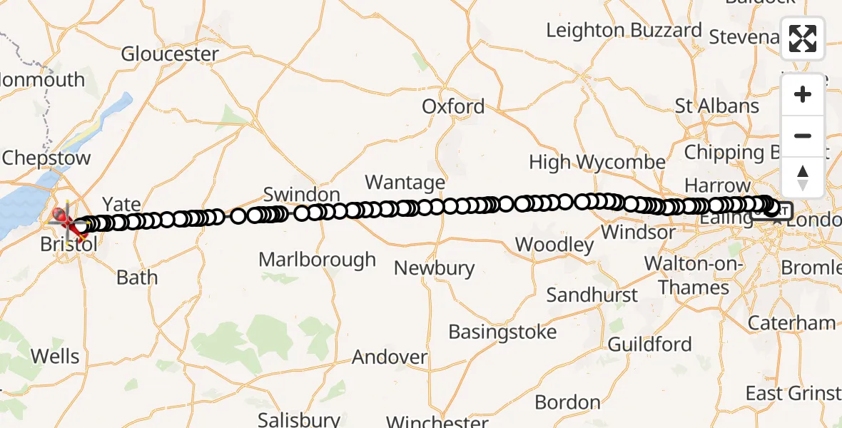 Flight route Air Ambulance Helicopter Chalk Farm - Bristol, 05 May 2026, 14:52