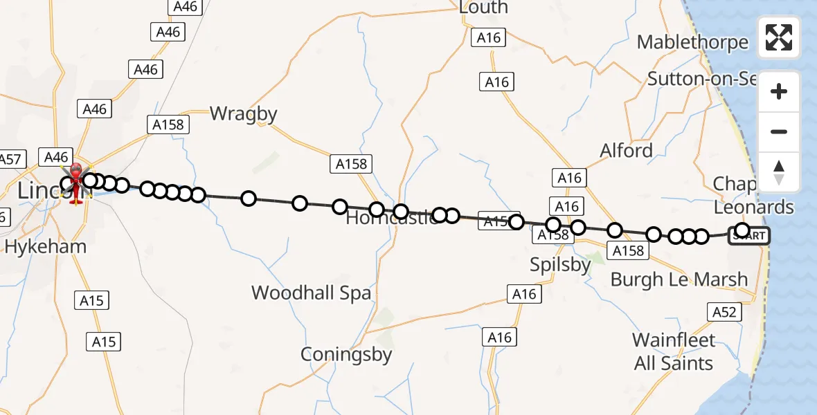 Flight route Air Ambulance Helicopter Ingoldmells - Bracebridge, 05 May 2026, 14:56