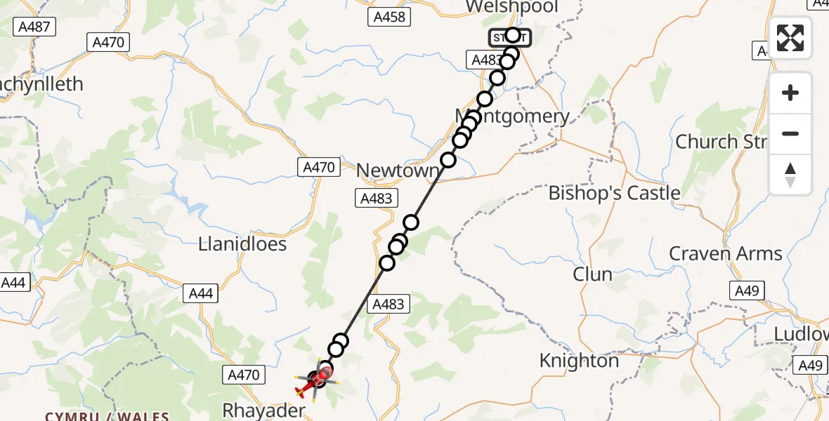 Flight route Air Ambulance Helicopter Welshpool Airport - Abbey Cwmhir, 05 May 2026, 15:05