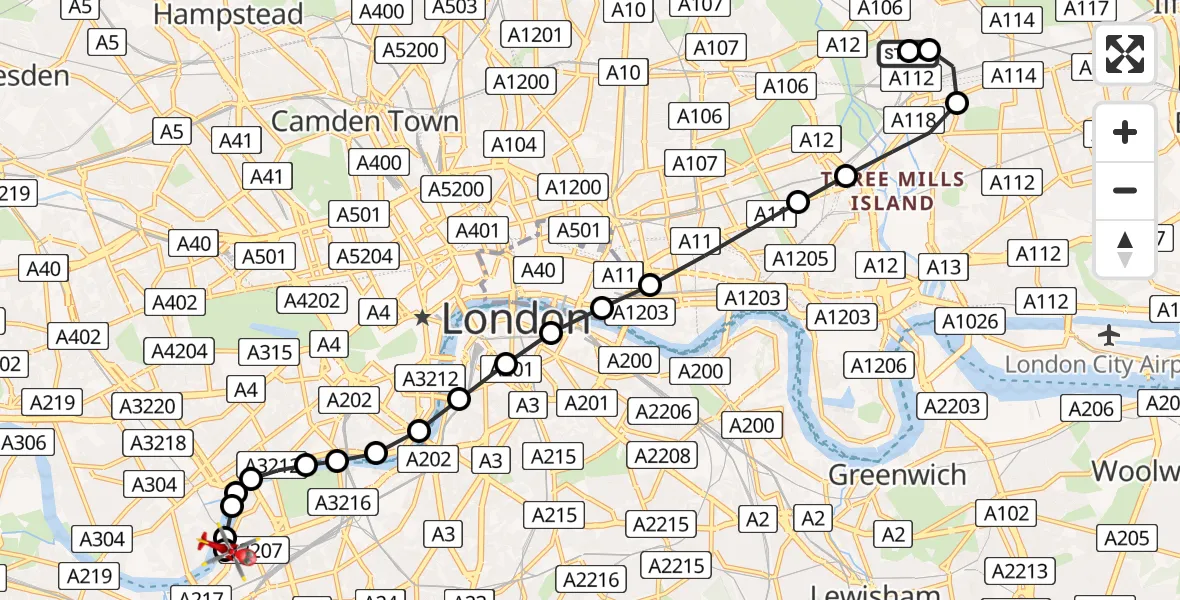 Flight route Air Ambulance Helicopter Maryland - London Heliport, 05 May 2026, 15:06