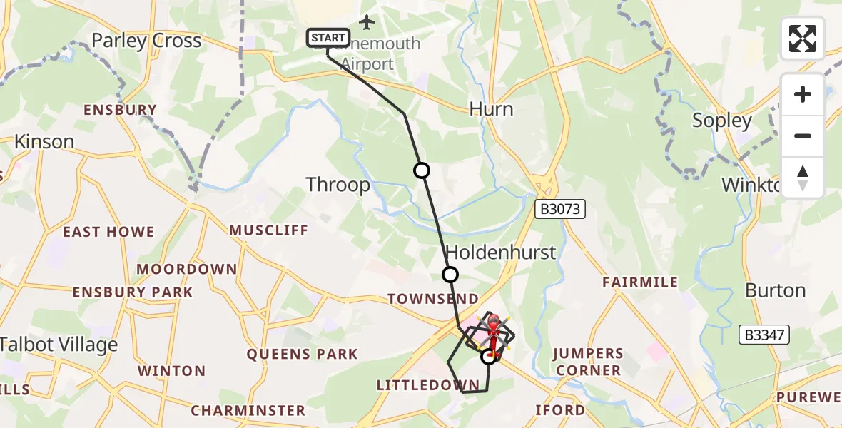 Flight route Air Ambulance Helicopter Bournemouth Airport - Royal Bournemouth Hospital, 05 May 2026, 15:14
