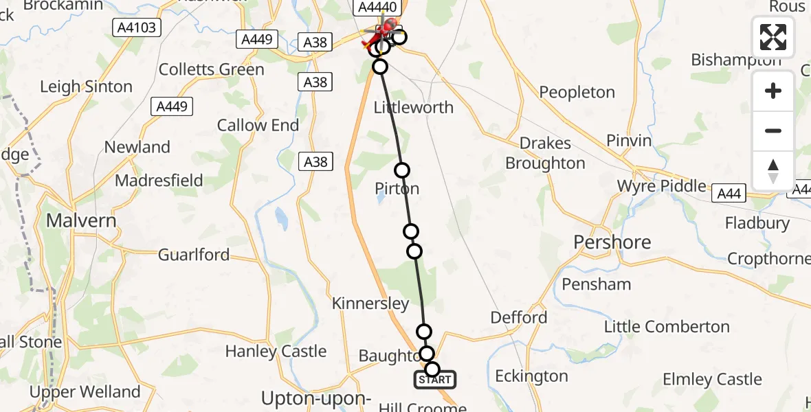 Flight route Air Ambulance Helicopter Hill Croome - Littleworth, 05 May 2026, 15:19
