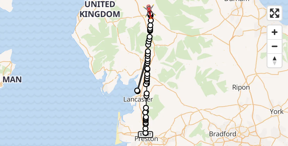 Flight route Air Ambulance Helicopter Royal Preston - Edenhall, 05 May 2026, 15:24