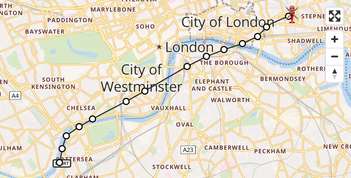 Flight route Air Ambulance Helicopter London Heliport - Royal London Hospital, 05 May 2026, 15:27