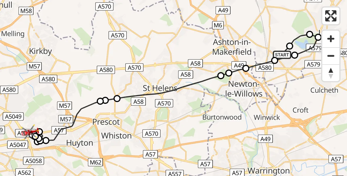 Flight route Air Ambulance Helicopter Warrington - Knotty Ash, 05 May 2026, 15:36