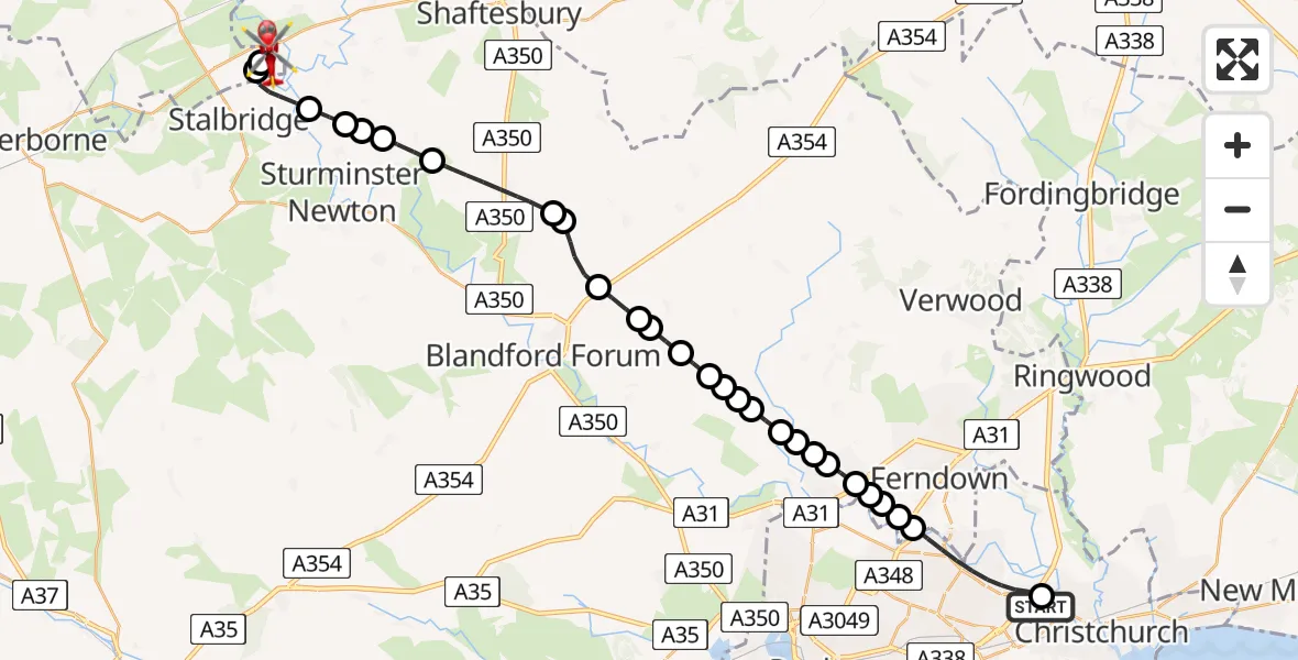 Flight route Air Ambulance Helicopter Royal Bournemouth Hospital - Henstridge Airfield, 05 May 2026, 15:41