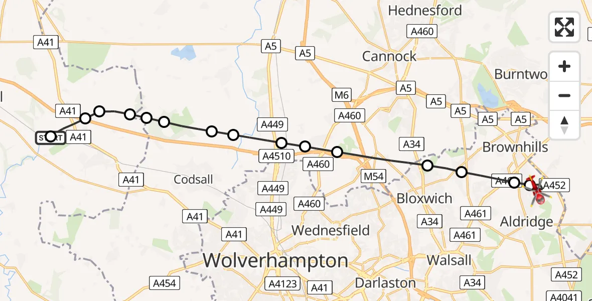 Flight route Air Ambulance Helicopter RAF Cosford - Aldridge, 05 May 2026, 15:42