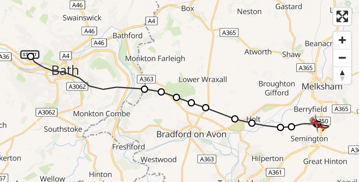 Flight route Air Ambulance Helicopter Royal United Hospital Bath - Wiltshire Air Ambulance, 05 May 2026, 15:50