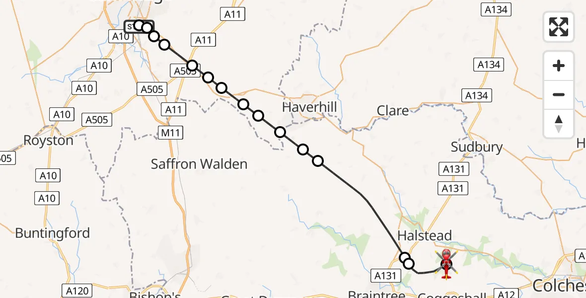 Flight route Air Ambulance Helicopter Papworth Hospital - Earls Colne Airfield, 05 May 2026, 15:50