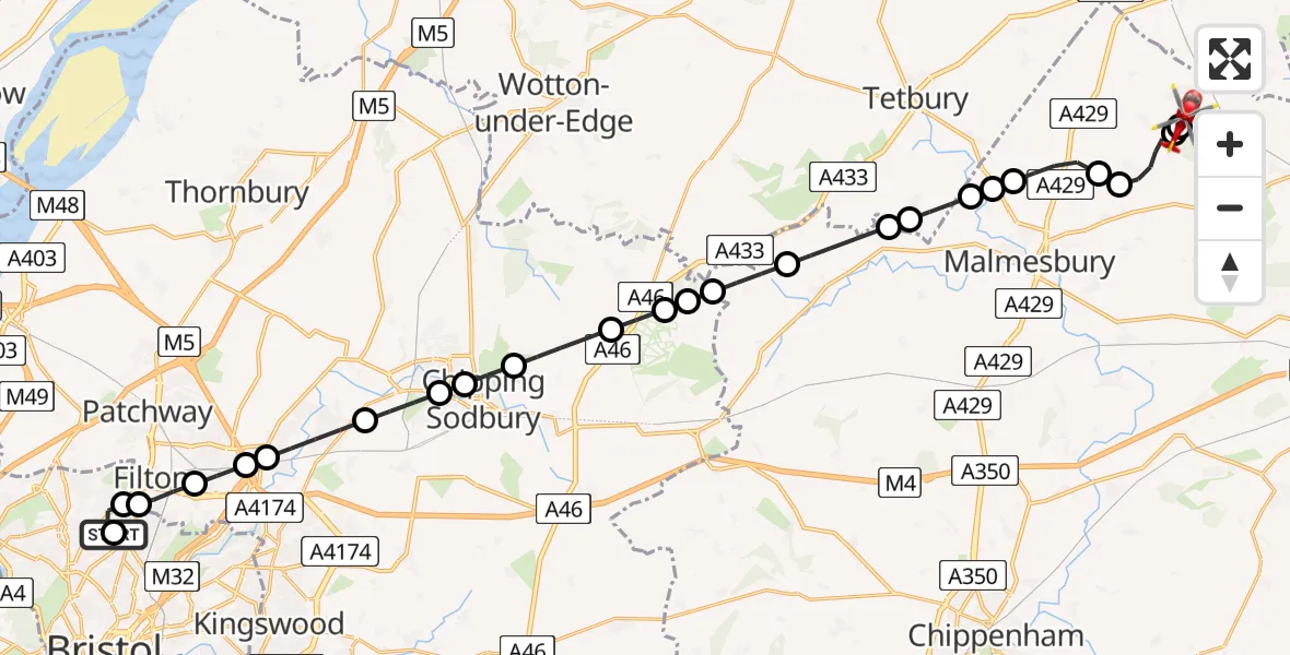 Flight route Air Ambulance Helicopter Southmead Hospital - Oaksey Park Airfield, 05 May 2026, 15:52