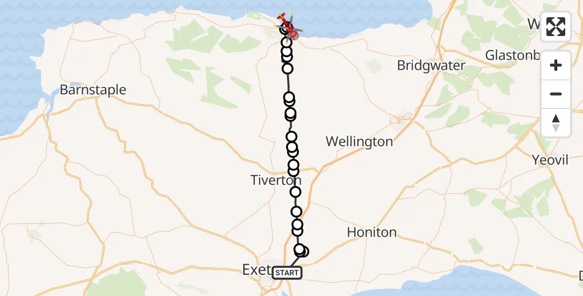 Flight route Air Ambulance Helicopter Clyst St Mary - Dunster, 05 May 2026, 15:53