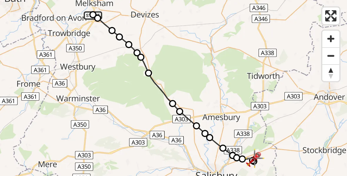 Flight route Air Ambulance Helicopter Wiltshire Air Ambulance - Firsdown, 05 May 2026, 16:07