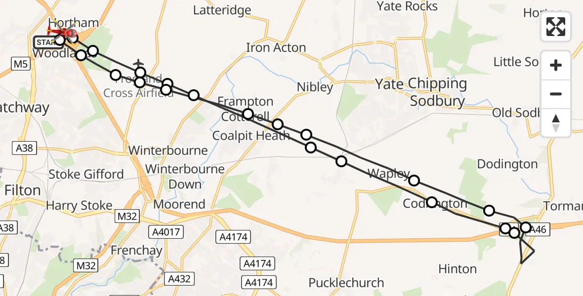 Flight route Air Ambulance Helicopter Almondsbury Helicopter Base - Almondsbury Helicopter Base, 05 May 2026, 16:12